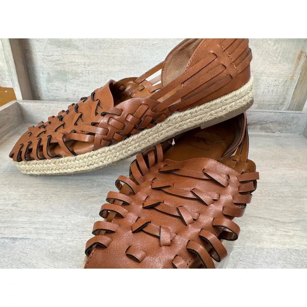 Sam & Libby Cognac Brown Woven Huarache Espadrille Flats Square Toe women's 9